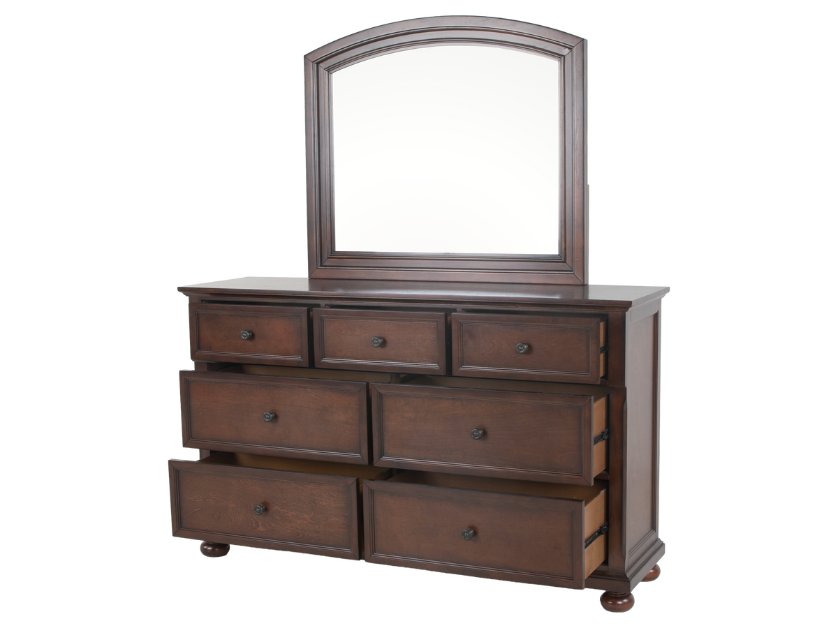 Cherry Sleigh Storage Bedroom Set with Footboard Drawers, Dresser & Mirror, Nightstand
