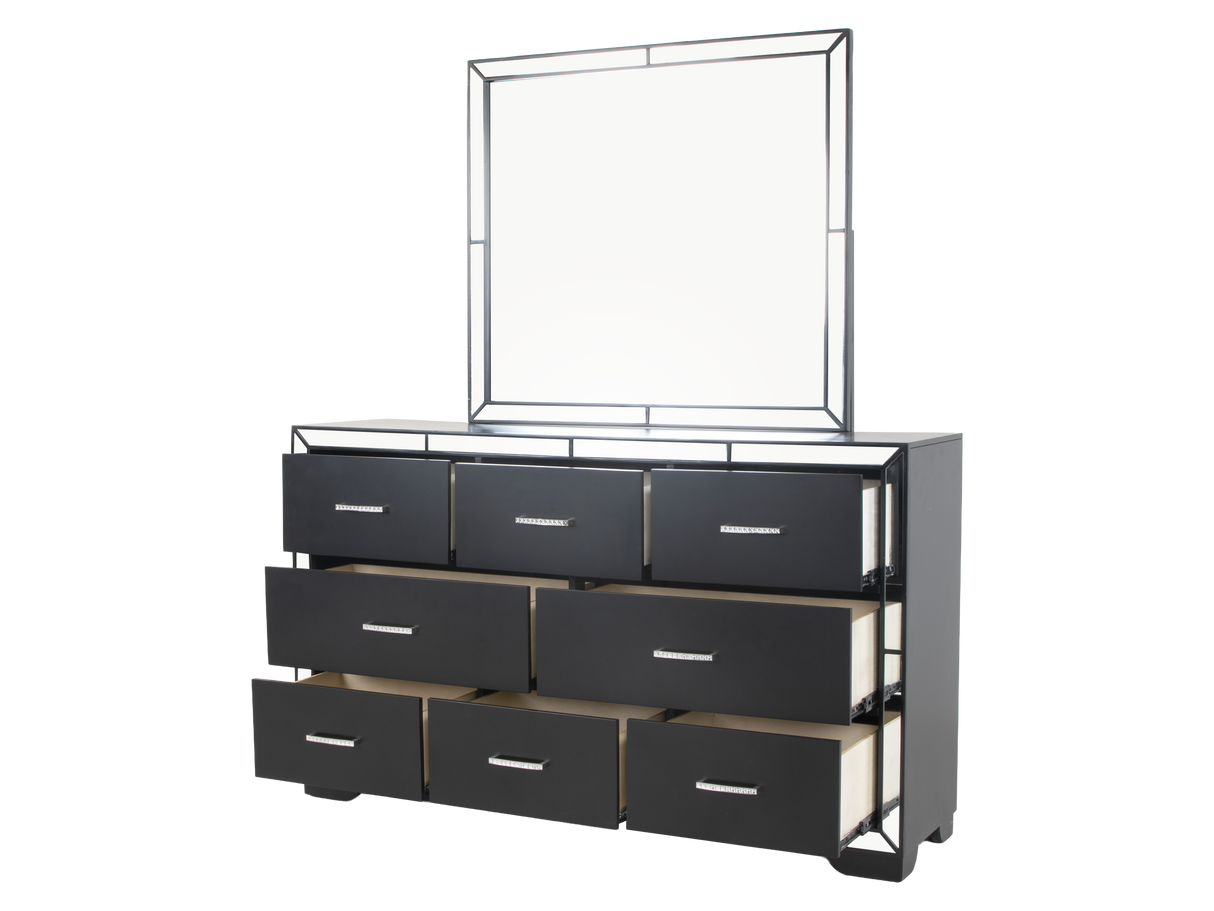 Modern Black 6-Piece Bedroom Set with Upholstered Headboard and Mirror Accents