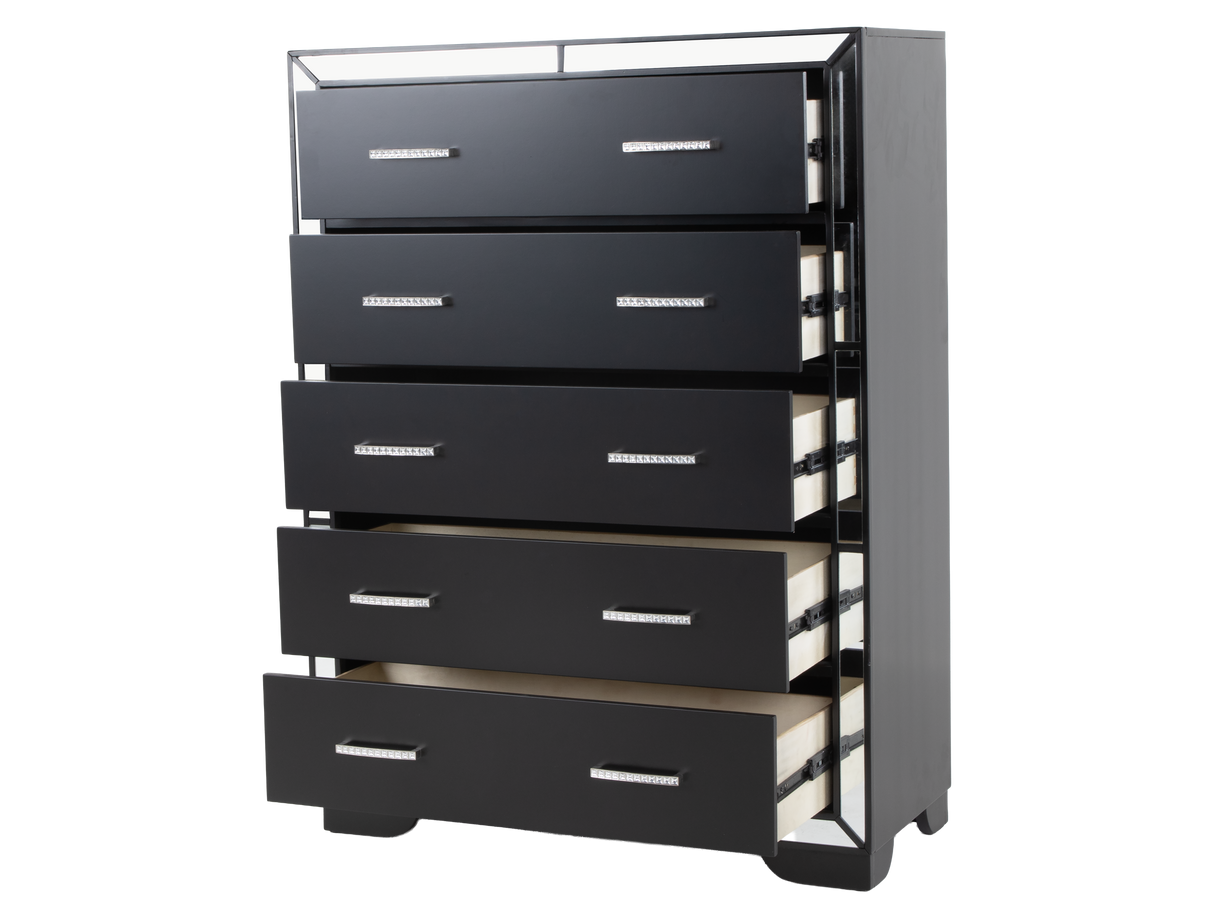 Black 5-Drawer Chest with Mirrored Accents and Chrome Handles