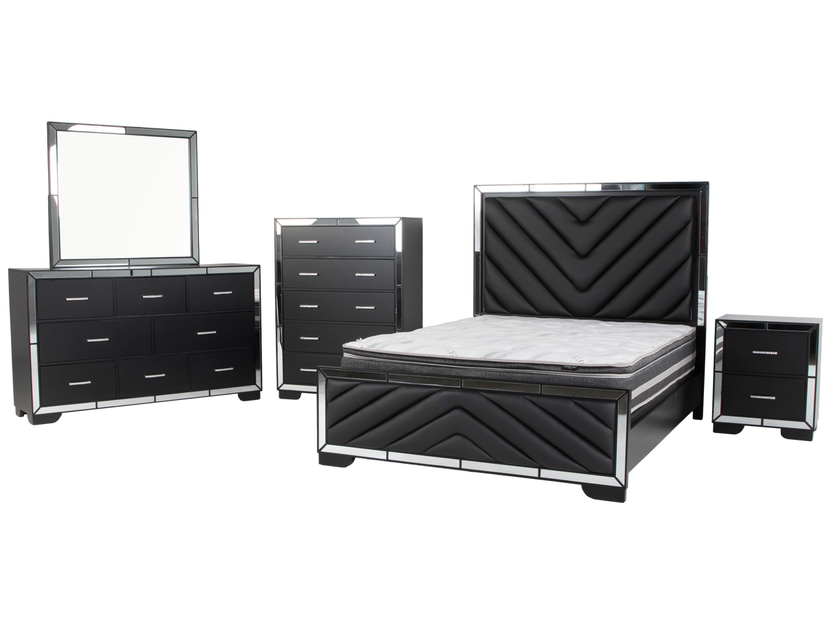 Modern Black 6-Piece Bedroom Set with Upholstered Headboard and Mirror Accents
