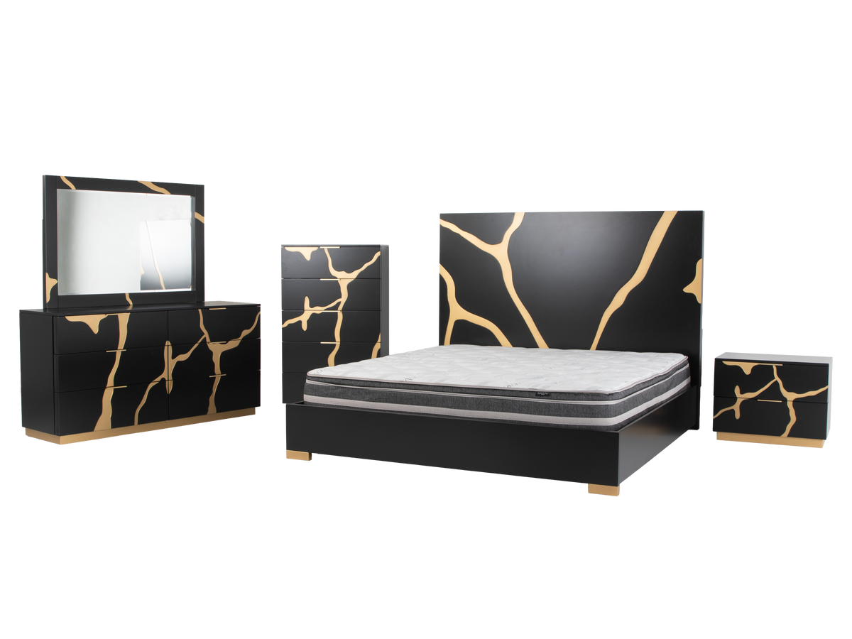 6 Piece Modern Bedroom Set - Black with Gold Accents