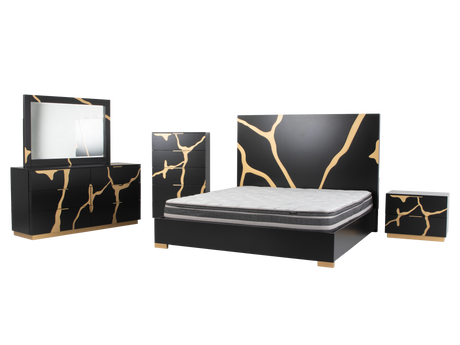 6 Piece Modern Bedroom Set - Black with Gold Accents