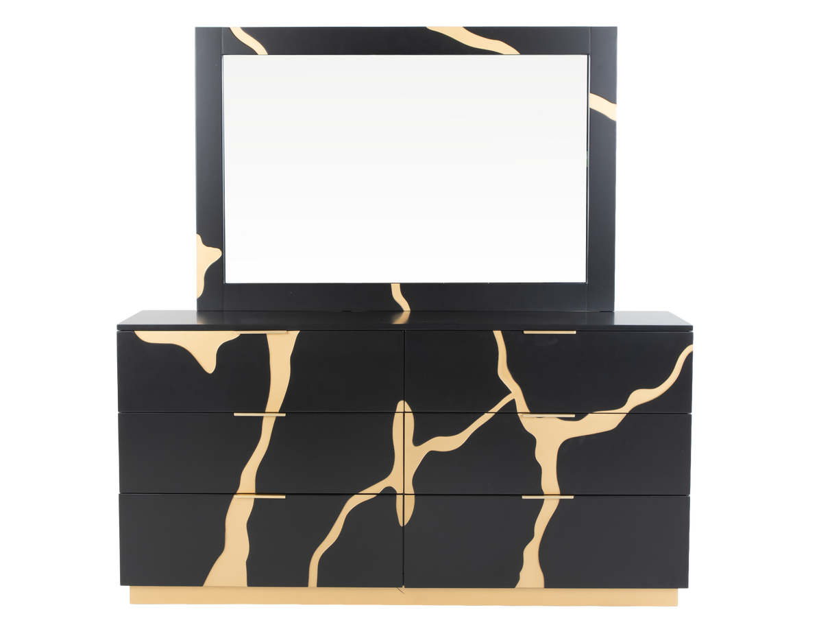 6 Piece Modern Bedroom Set - Black with Gold Accents