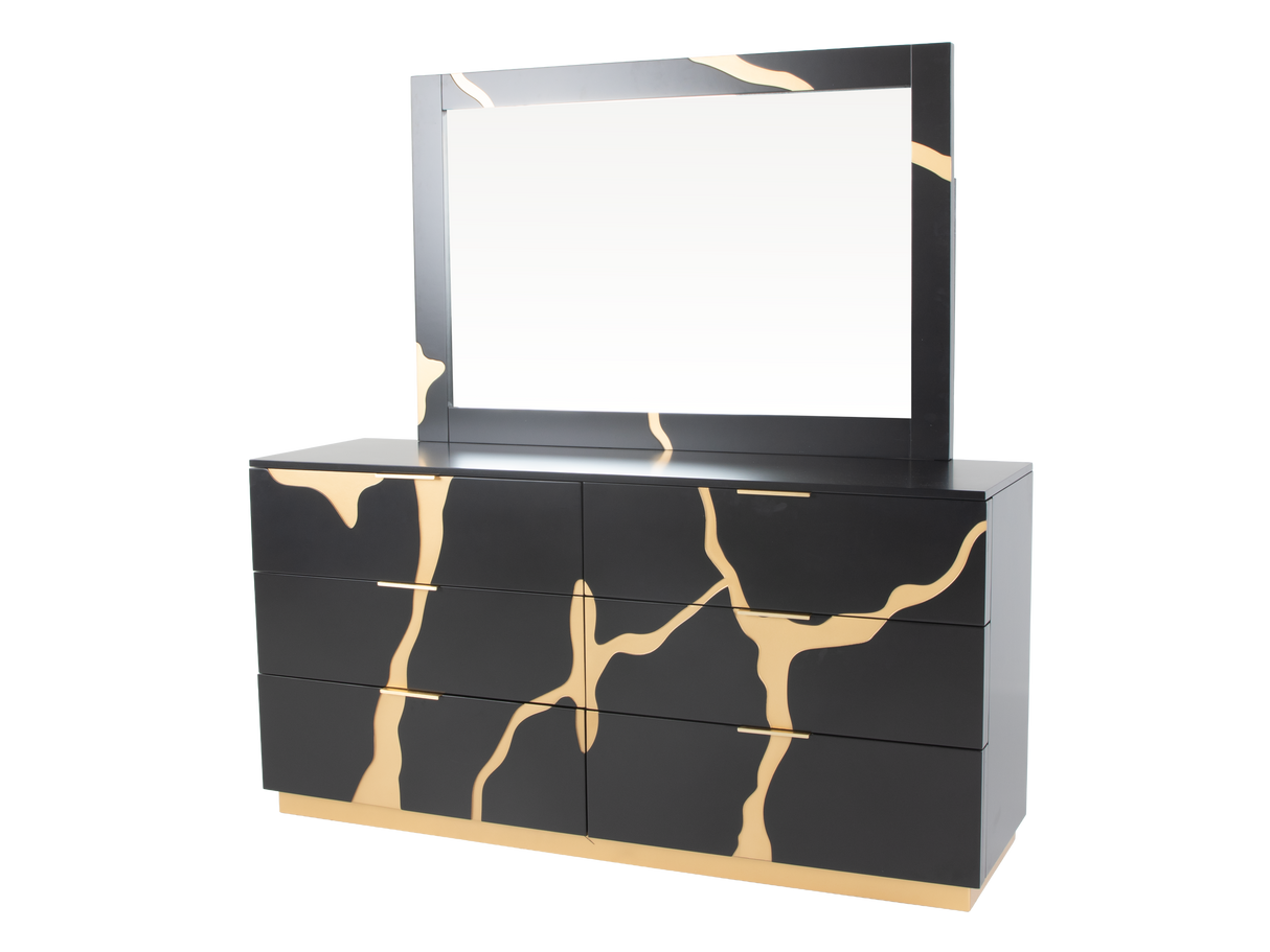 6 Piece Modern Bedroom Set - Black with Gold Accents