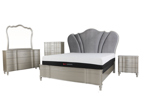 6 Piece Champagne Velvet Scalloped Bedroom Set by Mollai Collections | Bel Furniture