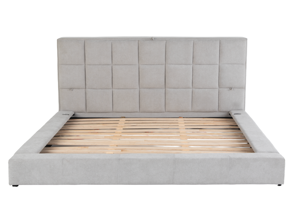 Modern Grey Upholstered Platform Bed with Storage Headboard, Wireless Charging & Speakers