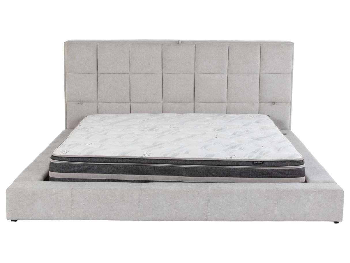 Modern Grey Upholstered Platform Bed with Storage Headboard, Wireless Charging & Speakers