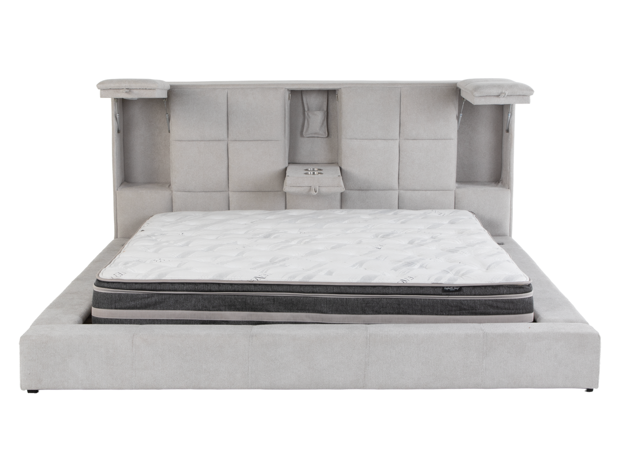 Modern Grey Upholstered Platform Bed with Storage Headboard, Wireless Charging & Speakers