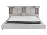 Modern Grey Upholstered Platform Bed with Storage Headboard, Wireless Charging & Speakers
