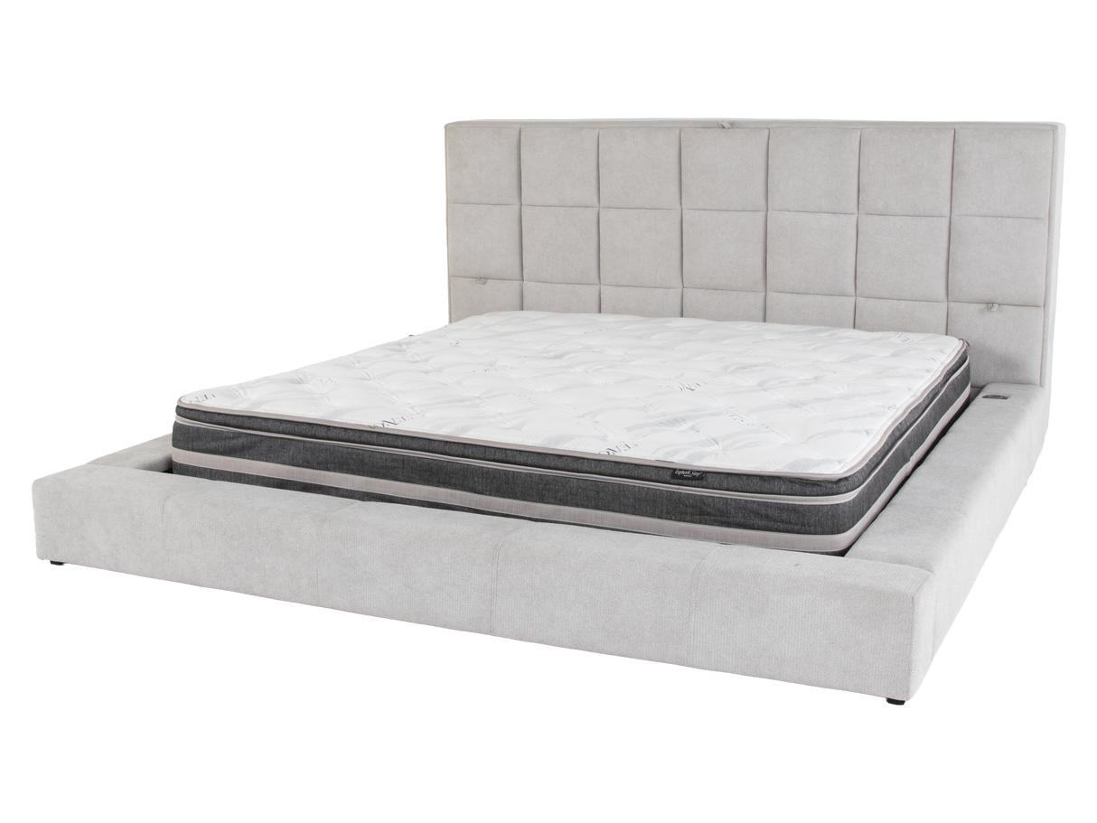 Modern Grey Upholstered Platform Bed with Storage Headboard, Wireless Charging & Speakers