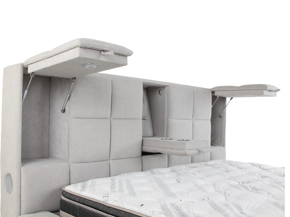 Modern Grey Upholstered Platform Bed with Storage Headboard, Wireless Charging & Speakers