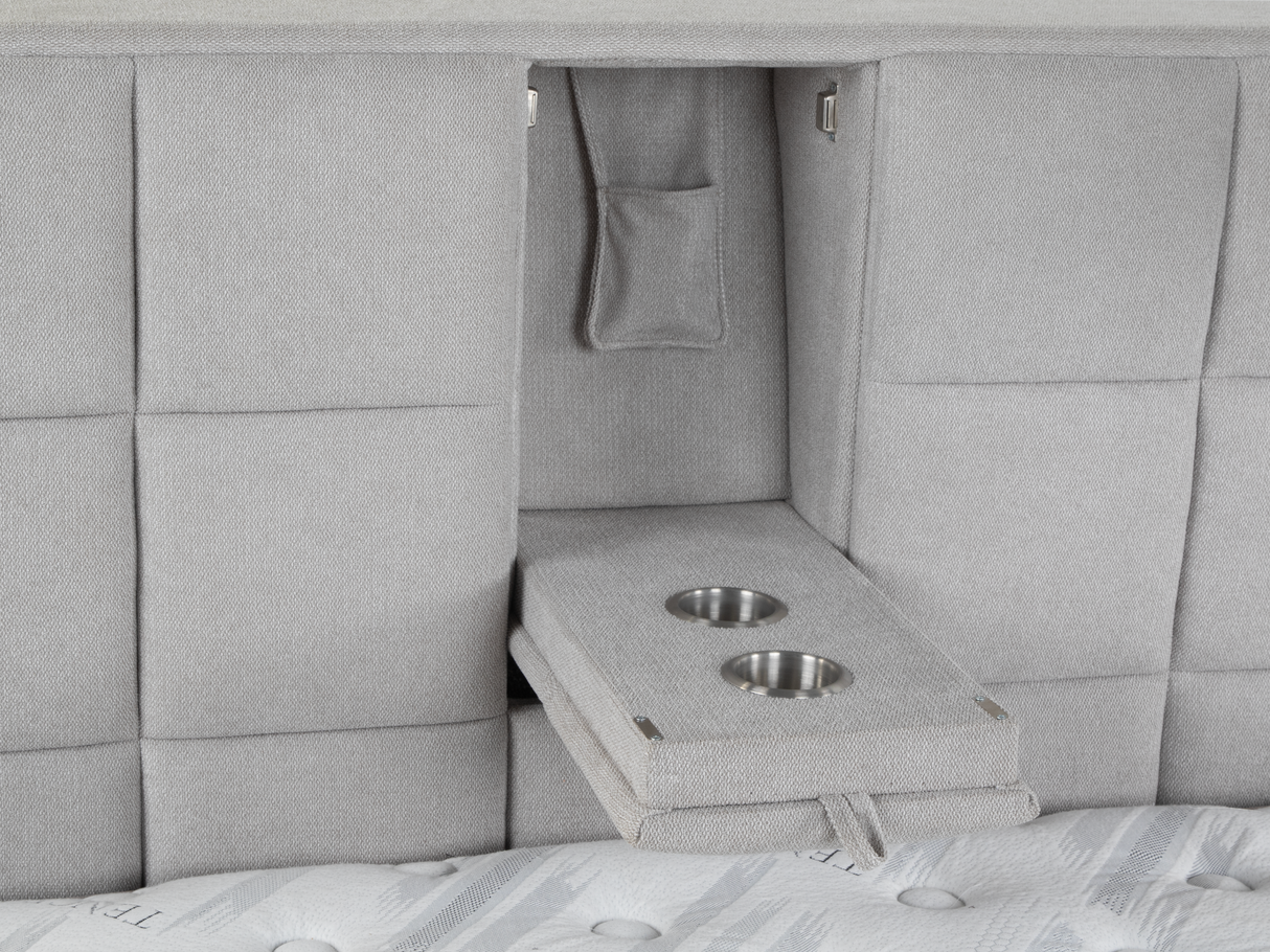 Modern Grey Upholstered Platform Bed with Storage Headboard, Wireless Charging & Speakers