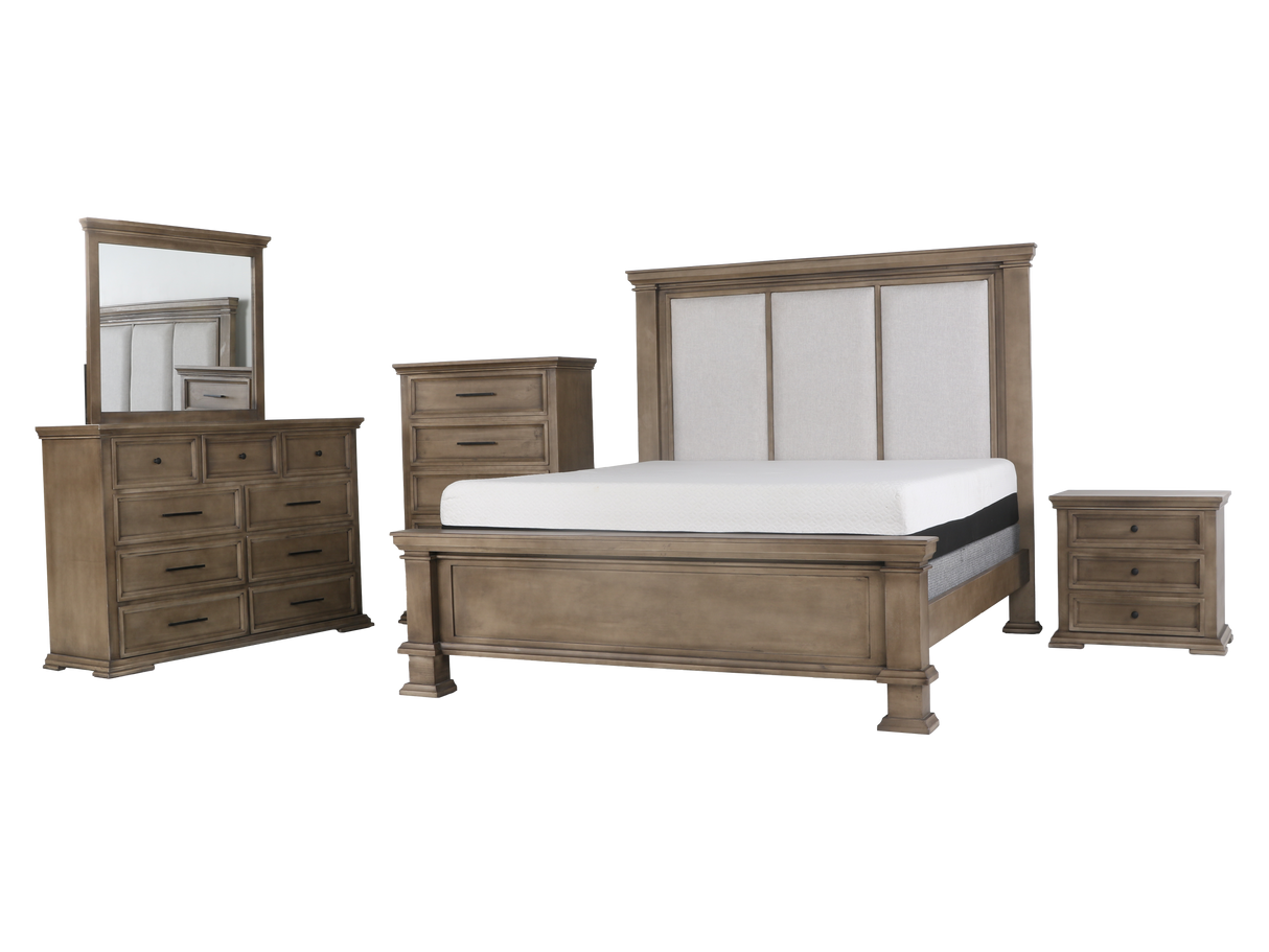 6-Piece Taupe Upholstered Bedroom Set with Dresser, Mirror & Nightstand