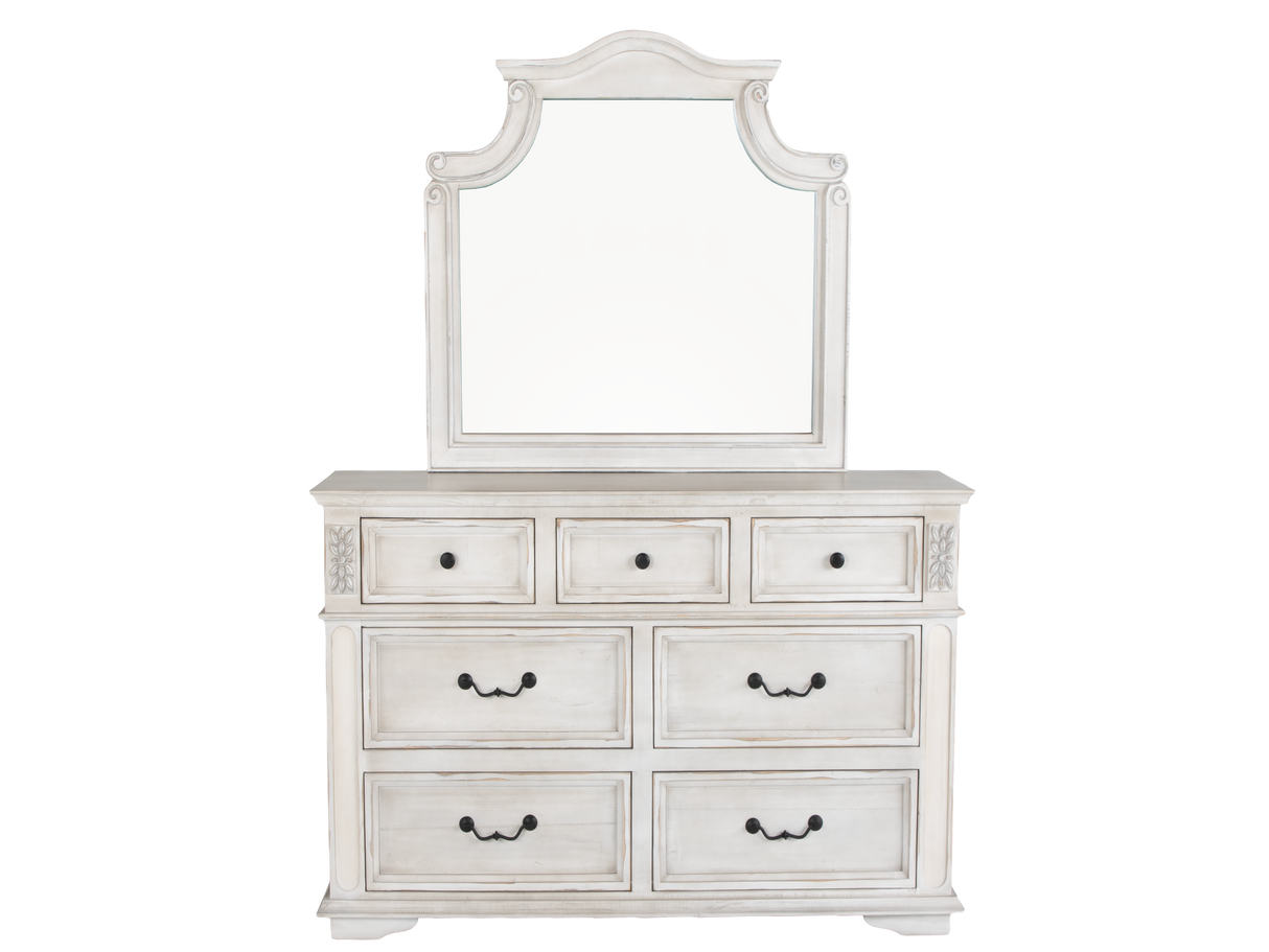 Magnolia Savanna White Farmhouse Style Upholstered Sleigh 6‑Piece Bedroom Set