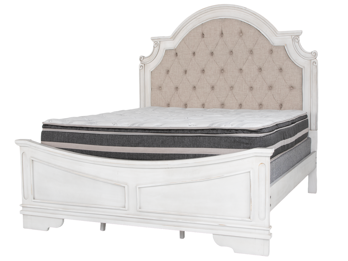 Magnolia Savanna White Farmhouse Style Upholstered Sleigh 6‑Piece Bedroom Set