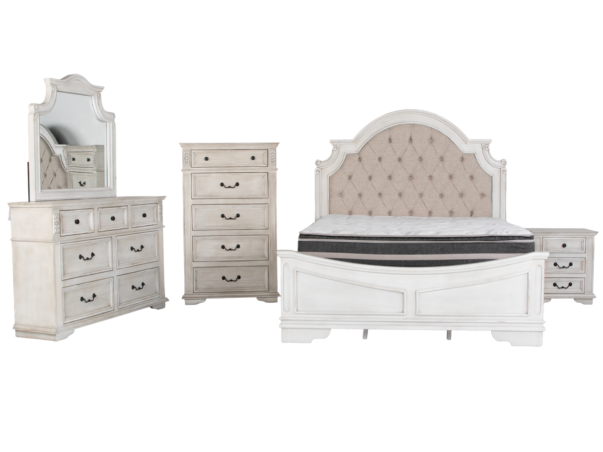 Magnolia Savanna White Farmhouse Style Upholstered Sleigh 6‑Piece Bedroom Set