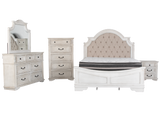 Magnolia Savanna White Farmhouse Style Upholstered Sleigh 6‑Piece Bedroom Set