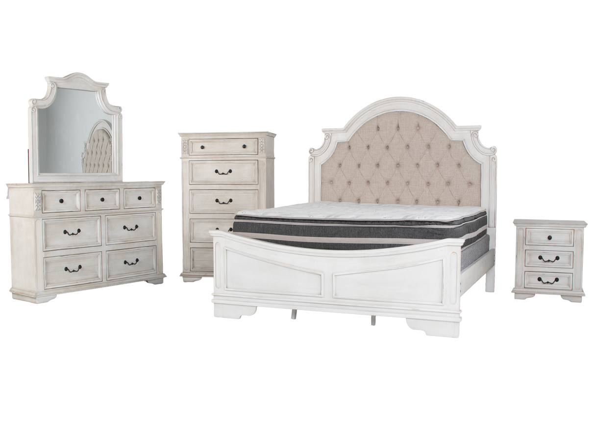Magnolia Savanna White Farmhouse Style Upholstered Sleigh 6‑Piece Bedroom Set