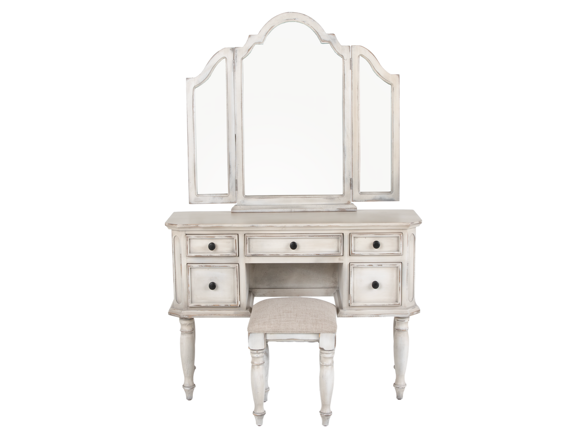 Magnolia 3-Piece Farmhouse Vanity Set with Tri-Fold Mirror & Cushioned Stool – Savanna White