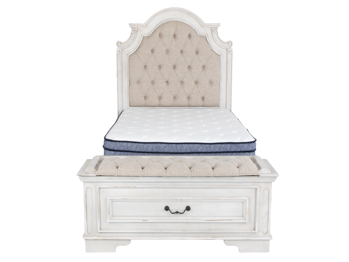 Magnolia 7-Piece Farmhouse Storage Bedroom Set with Storage Bench Footboard Bed, Vanity Desk, Tri-Fold Mirror, Stool & Nightstand – Savanna White.