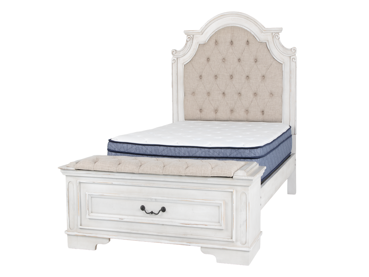 Magnolia 7-Piece Farmhouse Storage Bedroom Set with Storage Bench Footboard Bed, Vanity Desk, Tri-Fold Mirror, Stool & Nightstand – Savanna White.