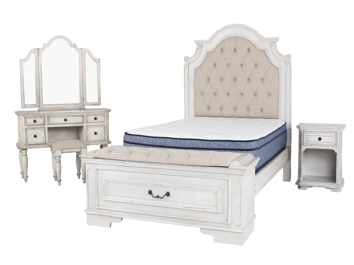 Magnolia 7-Piece Farmhouse Storage Bedroom Set with Storage Bench Footboard Bed, Vanity Desk, Tri-Fold Mirror, Stool & Nightstand – Savanna White.