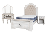 Magnolia 7-Piece Farmhouse Storage Bedroom Set with Storage Bench Footboard Bed, Vanity Desk, Tri-Fold Mirror, Stool & Nightstand – Savanna White.