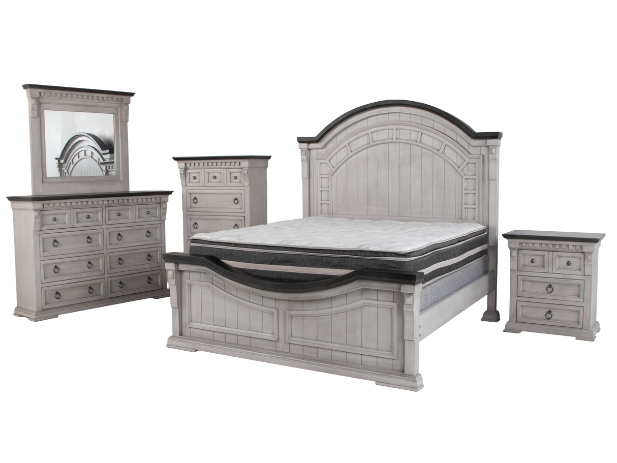 Mission Hills Rustic Farmhouse 6-Piece Bedroom Set – Two-Tone Gray/White Panel Bed