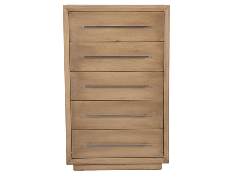 Wooden dresser with five drawers on a white background