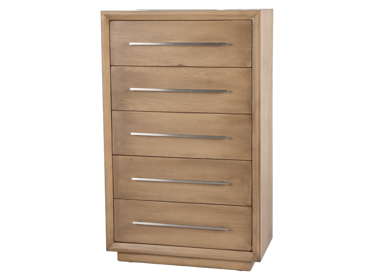 Wooden drawer unit with five drawers and metal handles on a white background