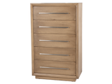 Wooden drawer unit with five drawers and metal handles on a white background