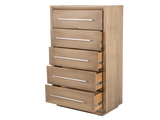 Wooden dresser with five drawers on a white background