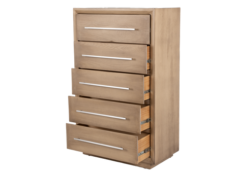 Wooden dresser with five drawers on a white background