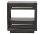 Black nightstand with two drawers on a white background