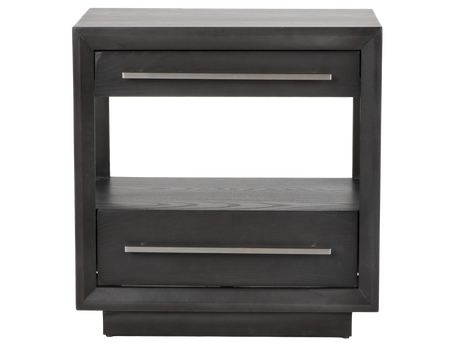 Black nightstand with two drawers on a white background