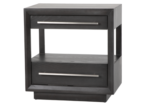 Black nightstand with two drawers on a white background