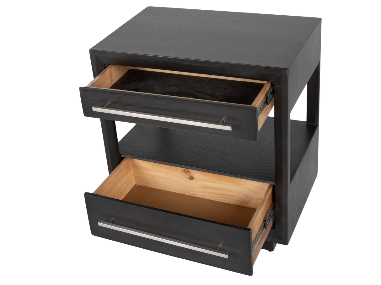 Black nightstand with open drawers on a white background