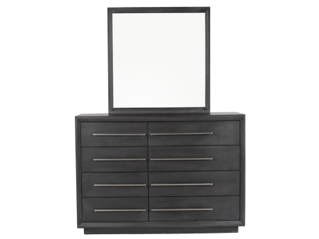 Dark wood dresser with six drawers and a matching mirror on a white background