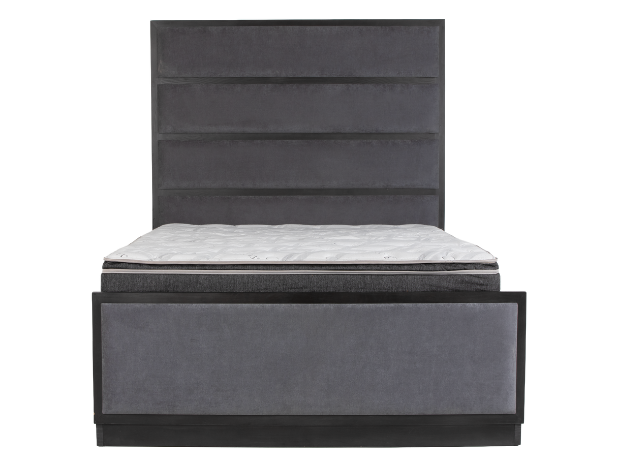 Gray upholstered bed with a mattress on a white background