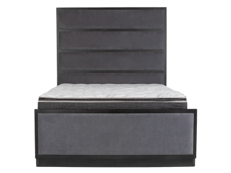 Gray upholstered bed with a mattress on a white background