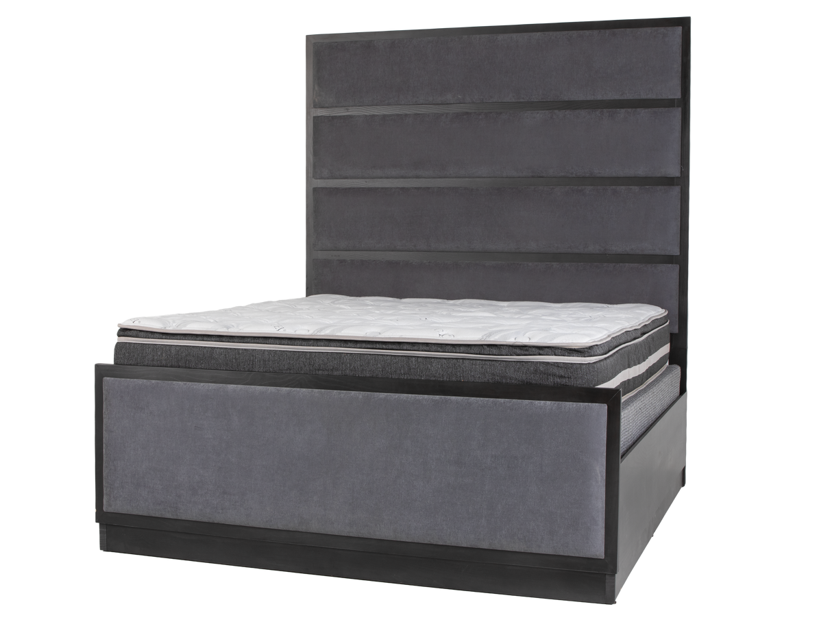 Gray bed frame with mattress on a white background