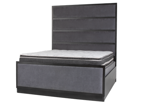 Gray bed frame with mattress on a white background