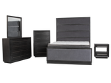Black bedroom furniture set with bed, dresser, and nightstands on a white background