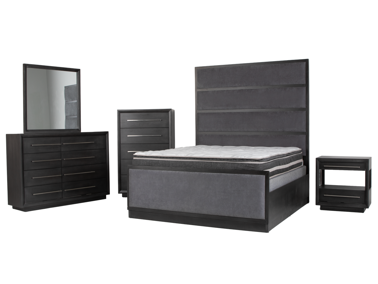 Black bedroom furniture set with bed, dresser, mirror, and nightstands on a white background