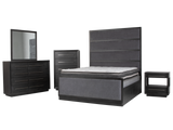 Black bedroom furniture set with bed, dresser, mirror, and nightstands on a white background