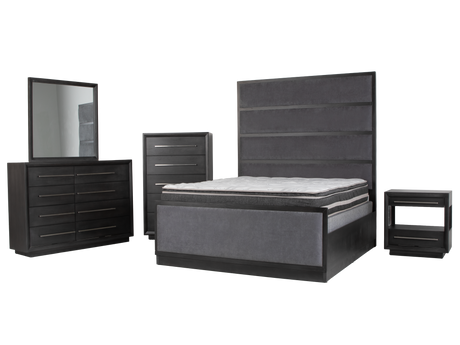 Black bedroom furniture set with bed, dresser, mirror, and nightstands on a white background