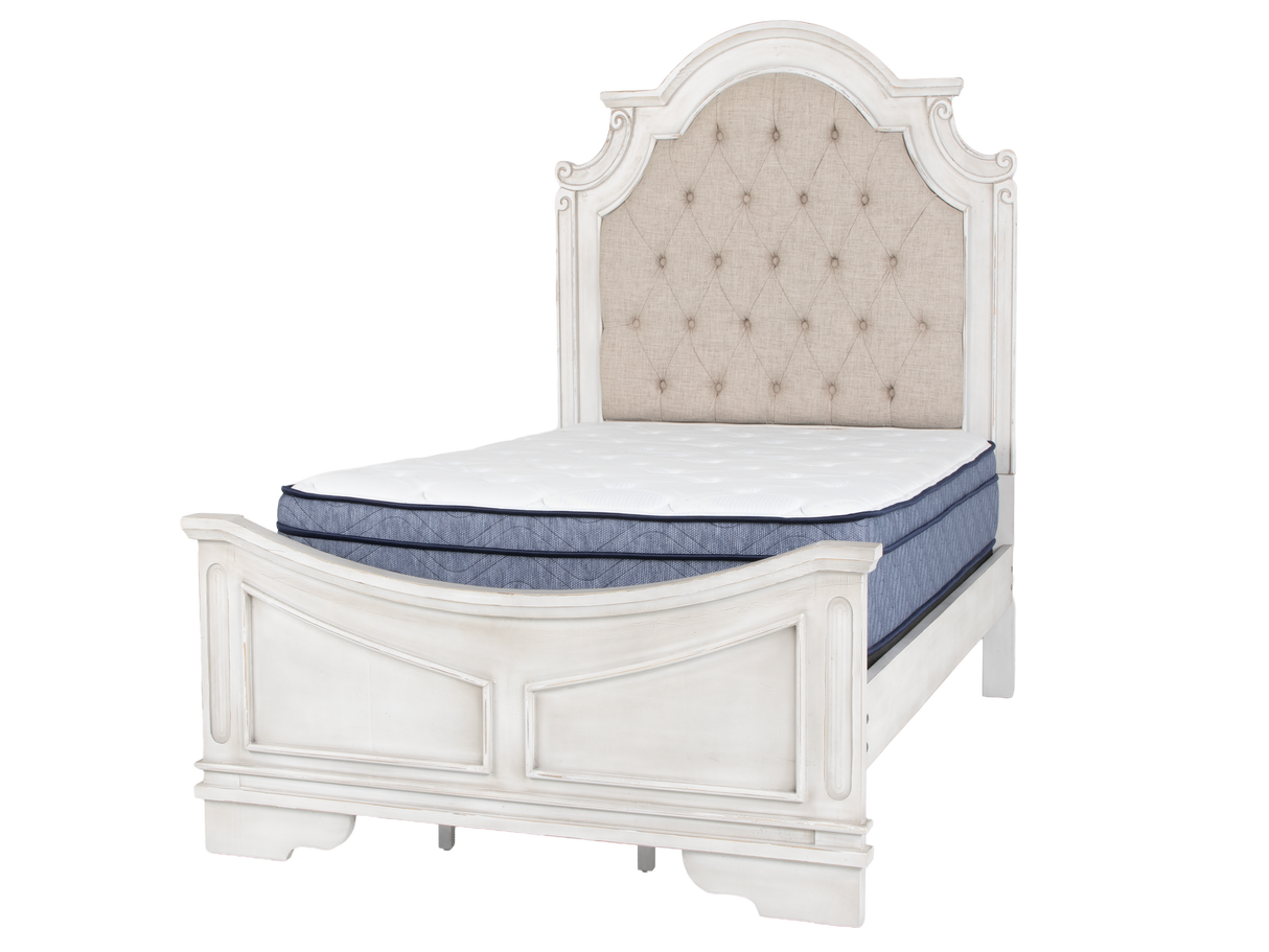 Magnolia 7-Piece Bedroom Set with Tufted Upholstered Bed, Vanity Desk, Tri-Fold Mirror, Stool & Nightstand – Savanna White Finish