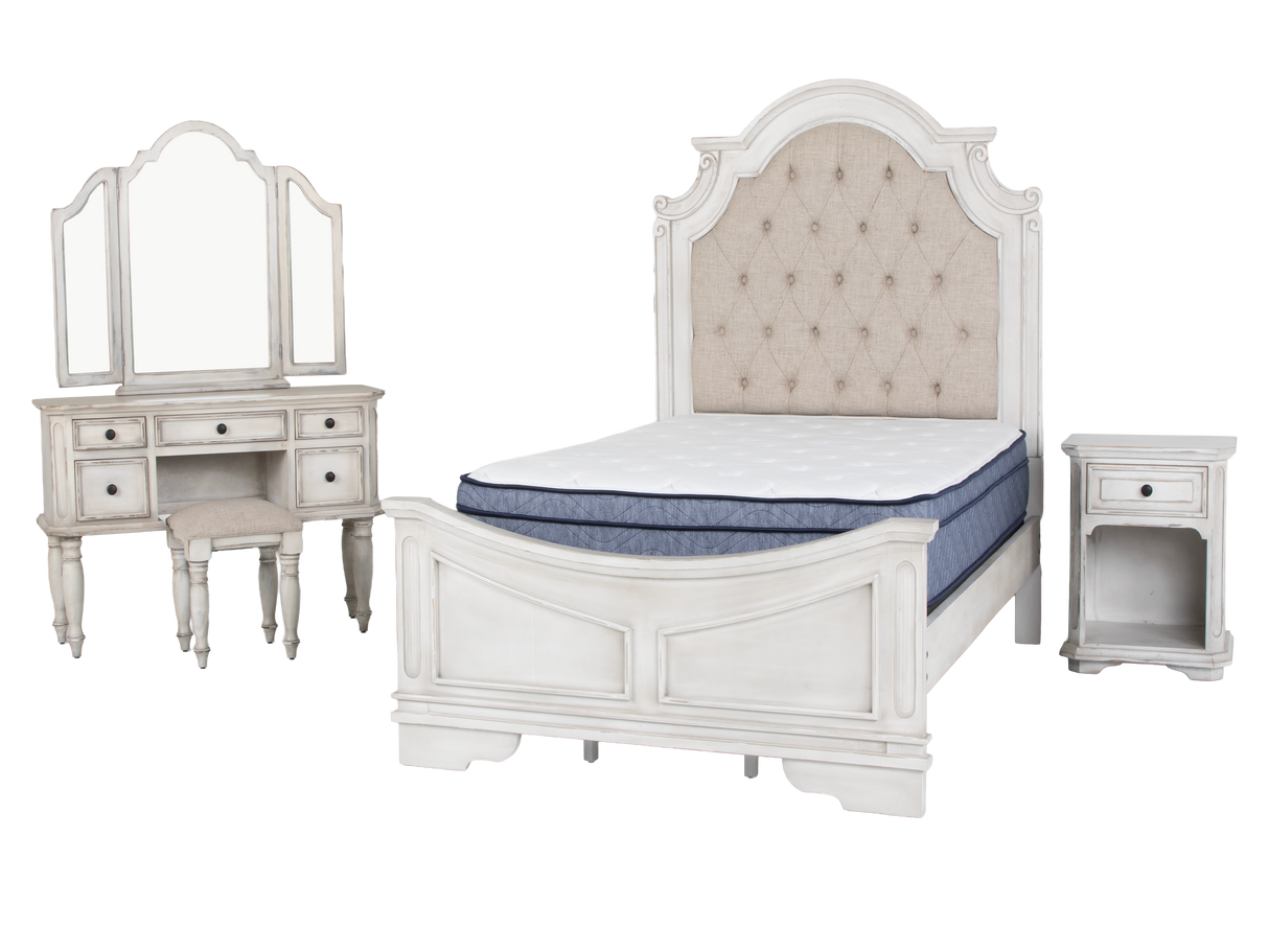 Magnolia 7-Piece Bedroom Set with Tufted Upholstered Bed, Vanity Desk, Tri-Fold Mirror, Stool & Nightstand – Savanna White Finish