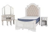 Magnolia 7-Piece Bedroom Set with Tufted Upholstered Bed, Vanity Desk, Tri-Fold Mirror, Stool & Nightstand – Savanna White Finish