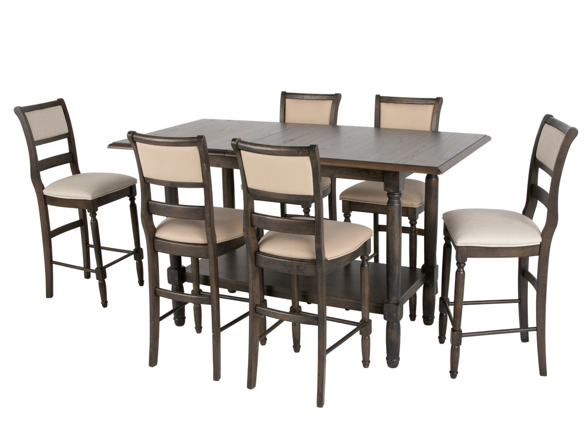 Transitional Dark Brown & Gray 7-Piece Counter Height Dining Set with Storage Shelf